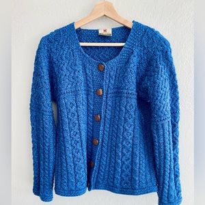 Carraig Donn Irish Wool Aran Cardigan - Blue sz L